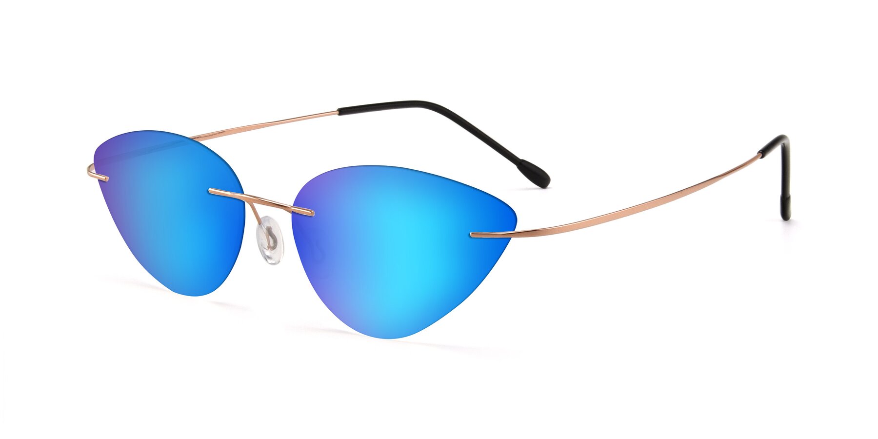 Angle of Pat in Rose Gold with Blue Mirrored Lenses