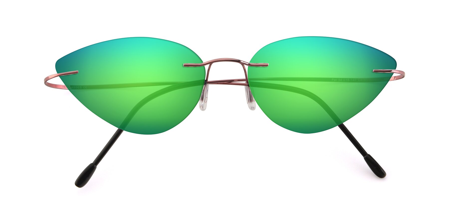 Folded Front of Pat in Light Pink with Green Mirrored Lenses