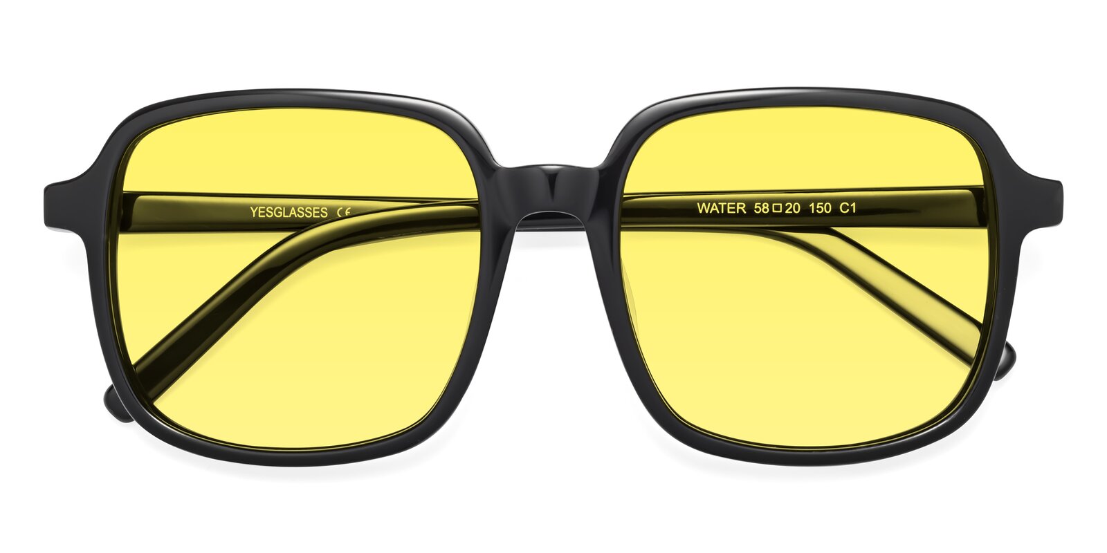 Black Oversized Acetate Square Tinted Sunglasses with Medium Yellow