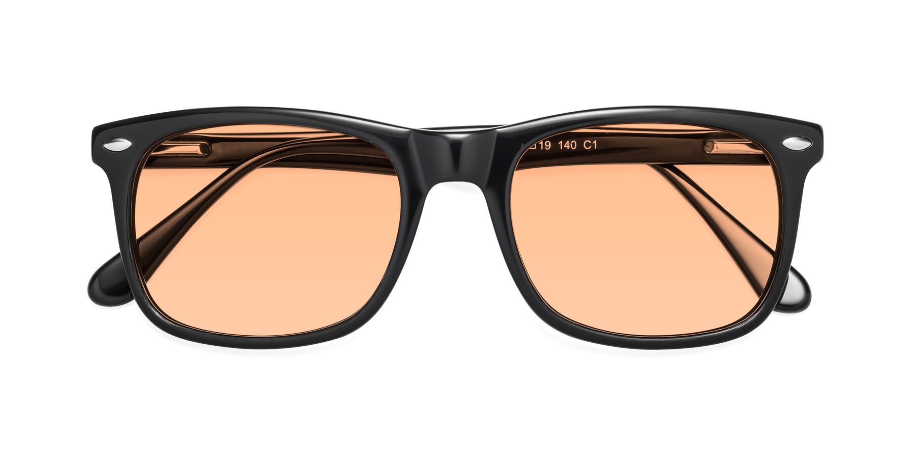 Folded Front of 007 in Black with Light Orange Tinted Lenses