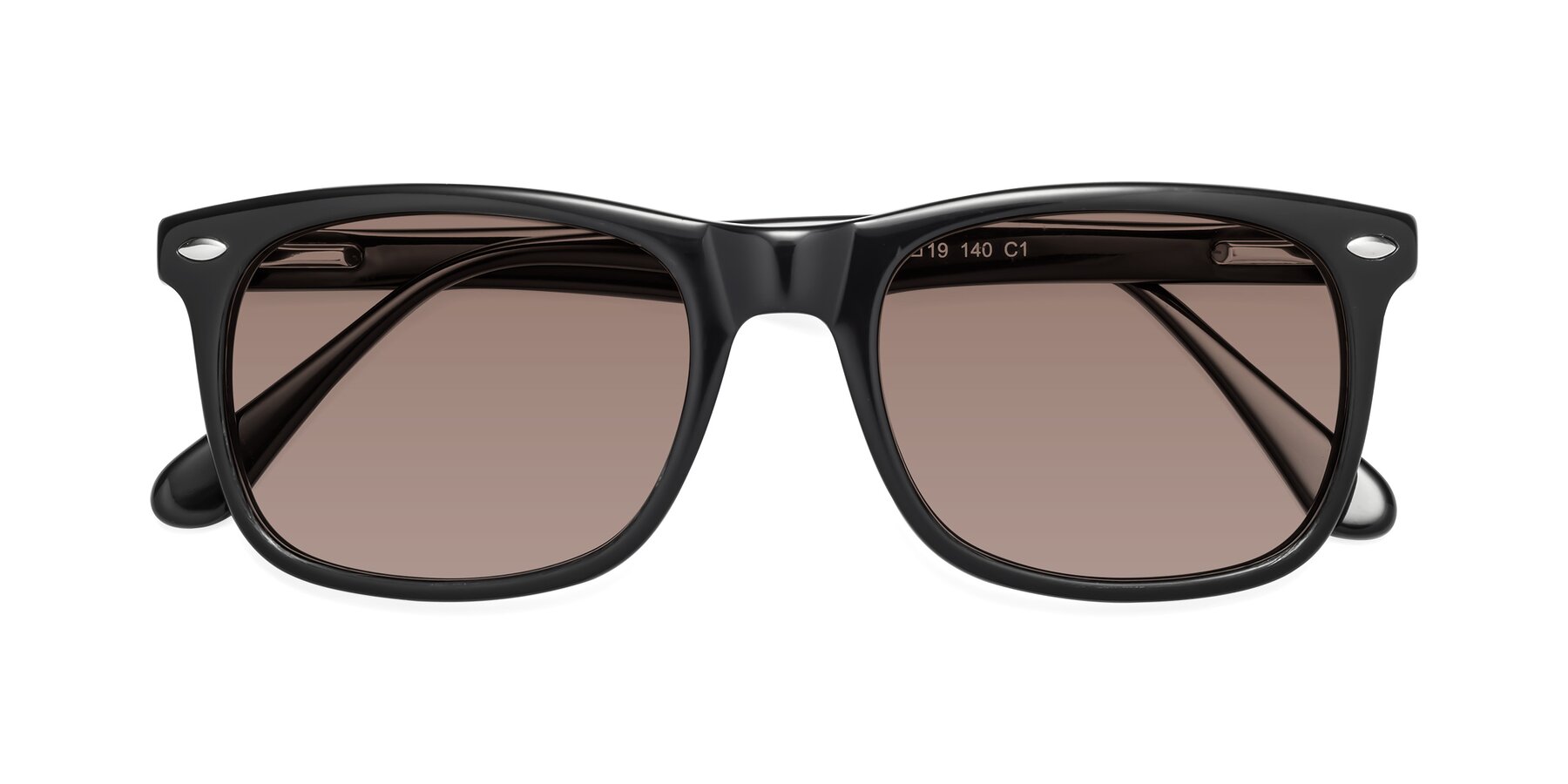 Folded Front of 007 in Black with Medium Brown Tinted Lenses
