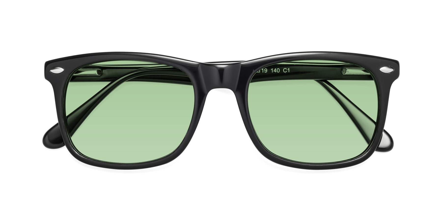Folded Front of 007 in Black with Medium Green Tinted Lenses