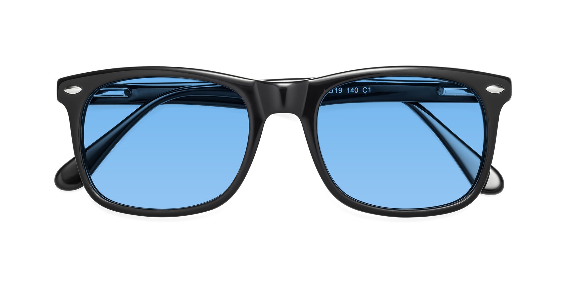 Folded Front of 007 in Black with Medium Blue Tinted Lenses