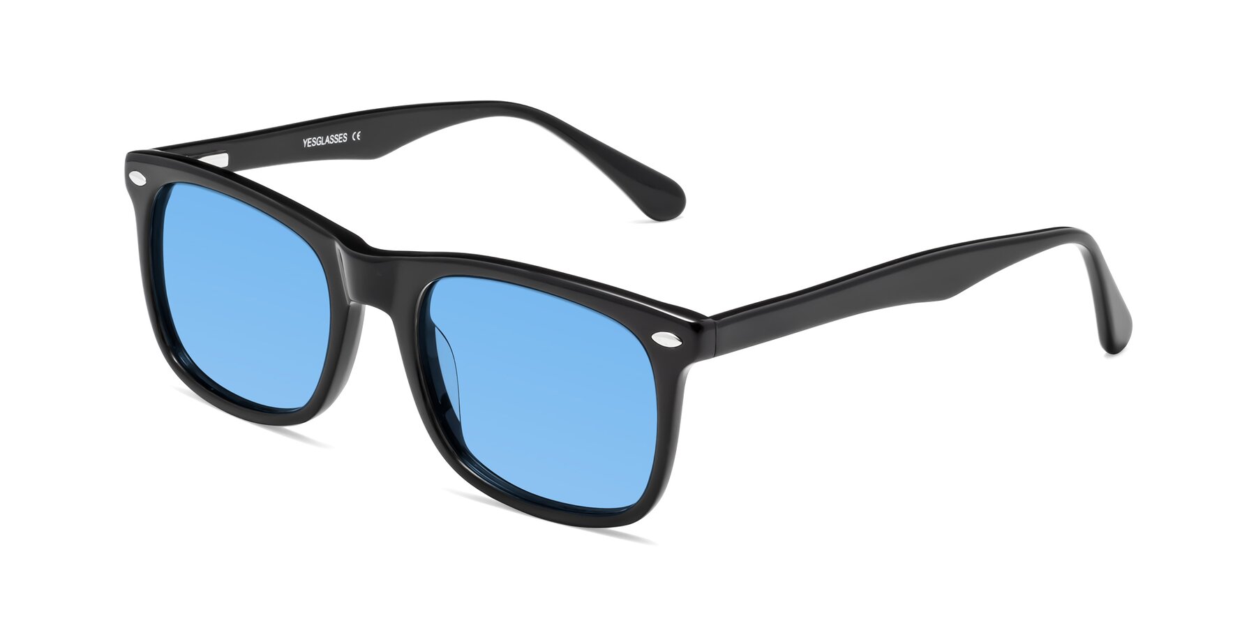 Angle of 007 in Black with Medium Blue Tinted Lenses