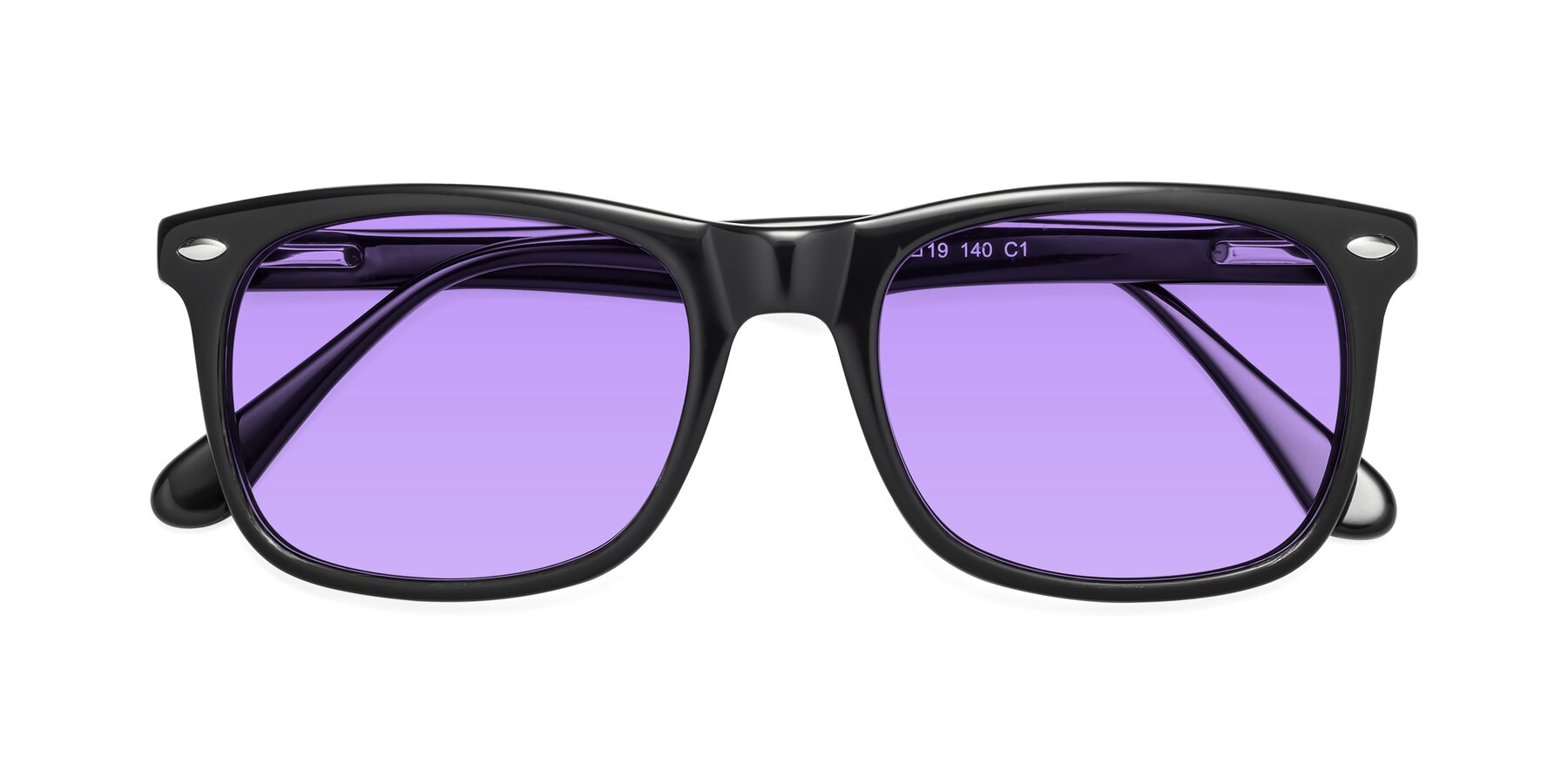 Folded Front of 007 in Black with Medium Purple Tinted Lenses