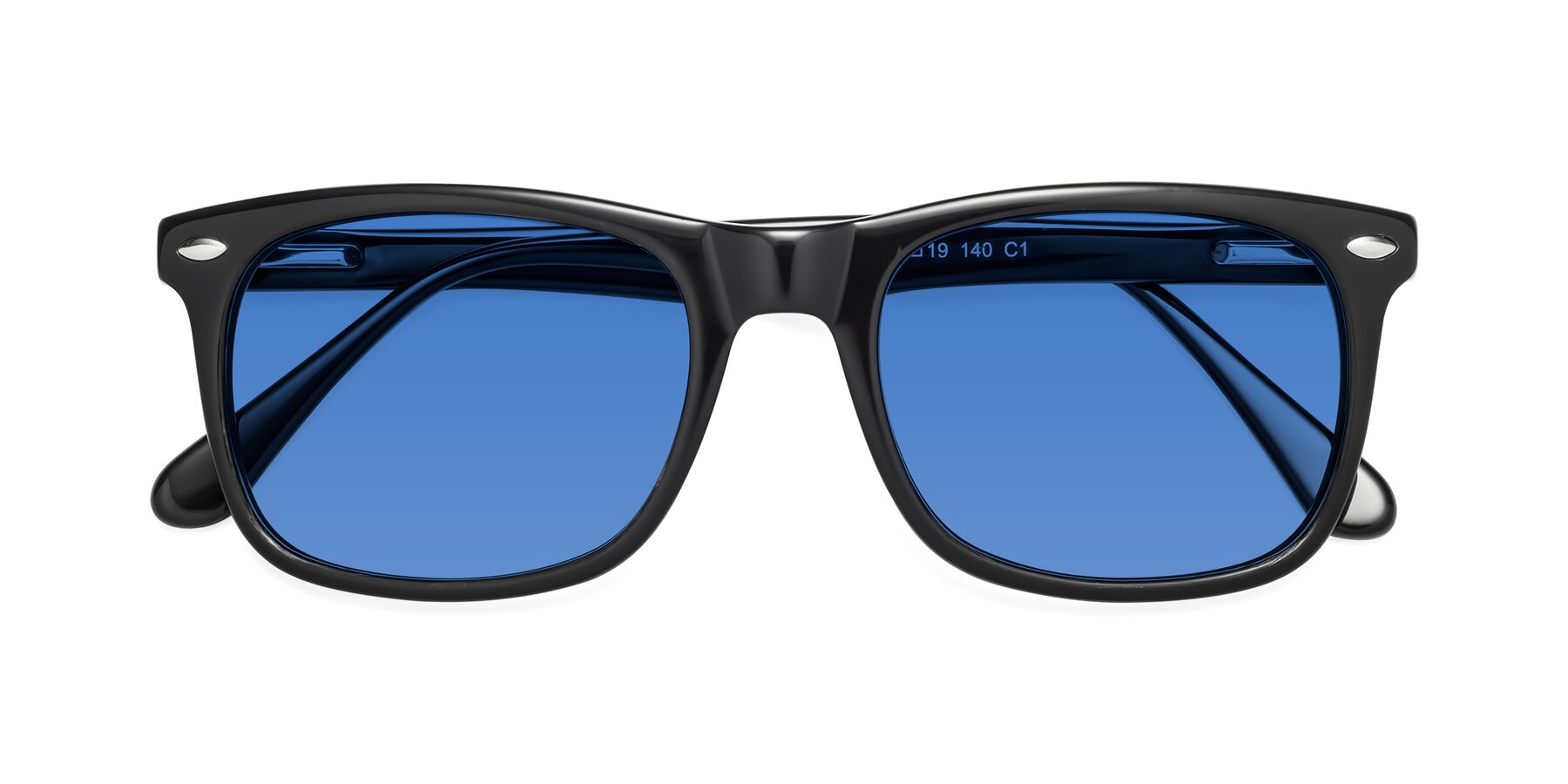 Folded Front of 007 in Black with Blue Tinted Lenses