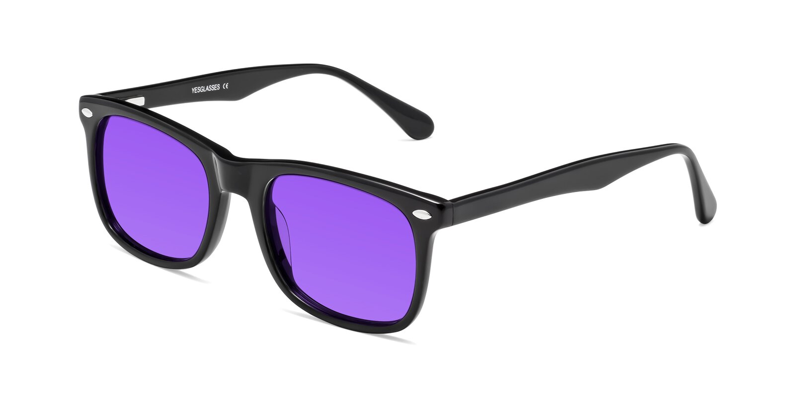 Black Thick Acetate Square Tinted Sunglasses With Purple Sunwear Lenses 007 