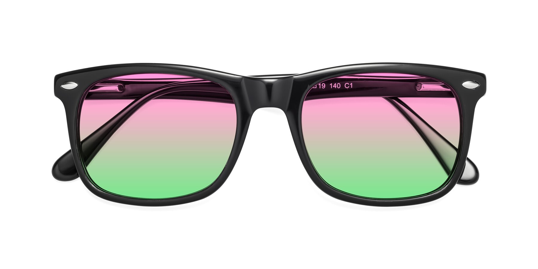Folded Front of 007 in Black with Pink / Green Gradient Lenses
