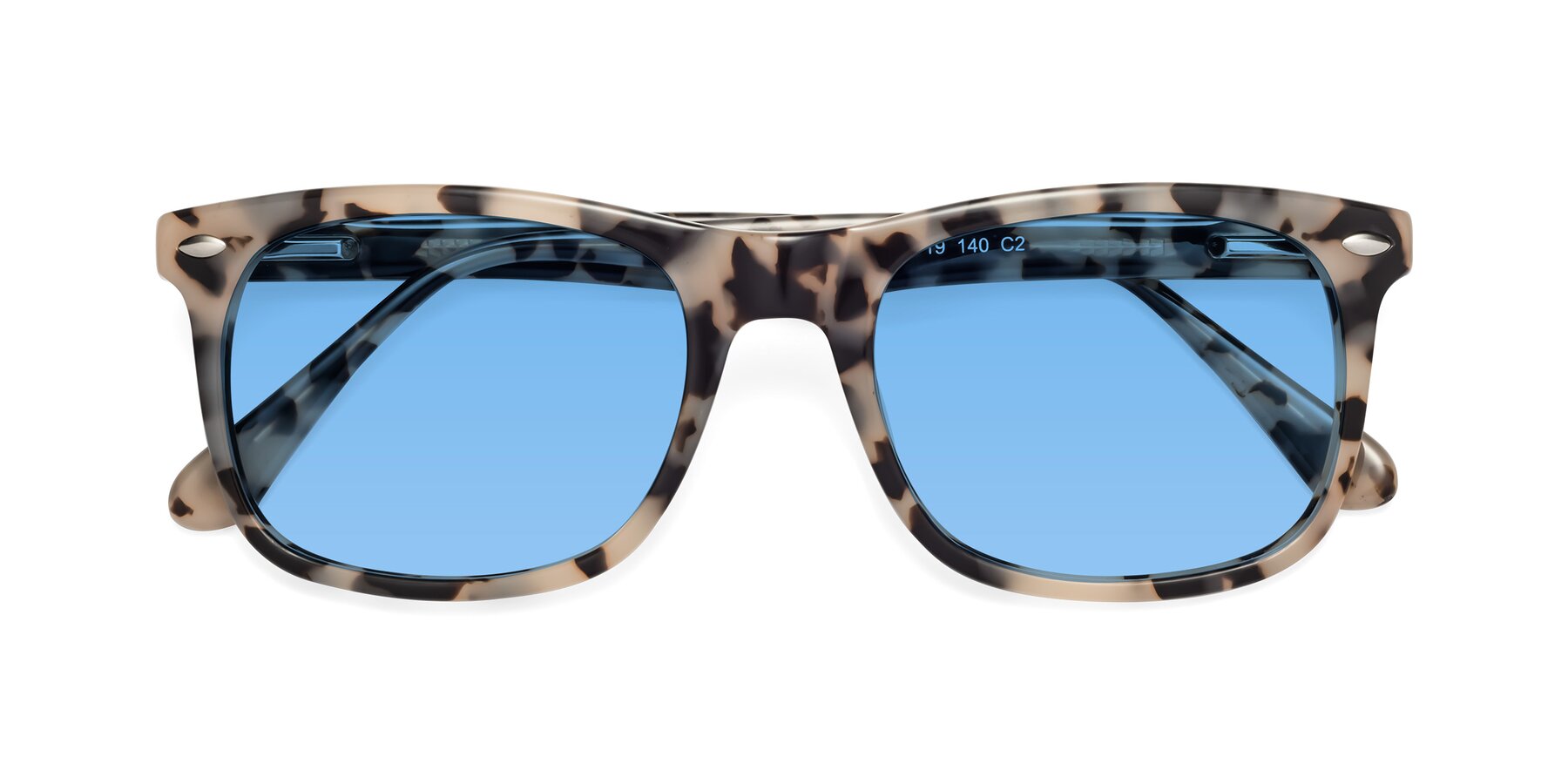 Folded Front of 007 in Havana with Medium Blue Tinted Lenses