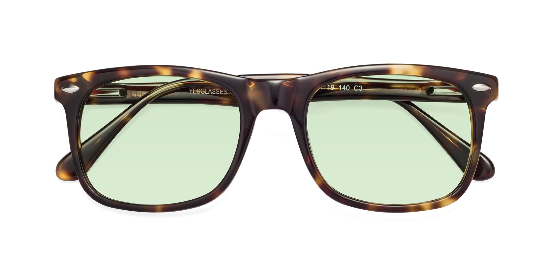 Folded Front of 007 in Yellow Tortoise with Light Green Tinted Lenses