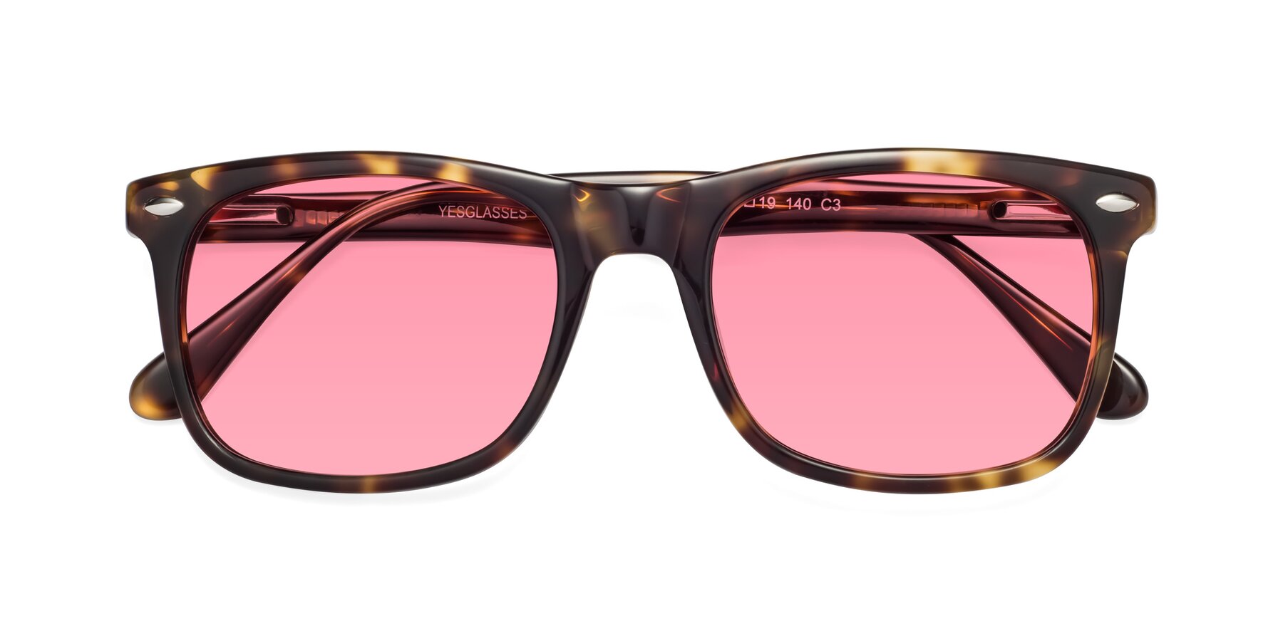 Folded Front of 007 in Yellow Tortoise with Pink Tinted Lenses