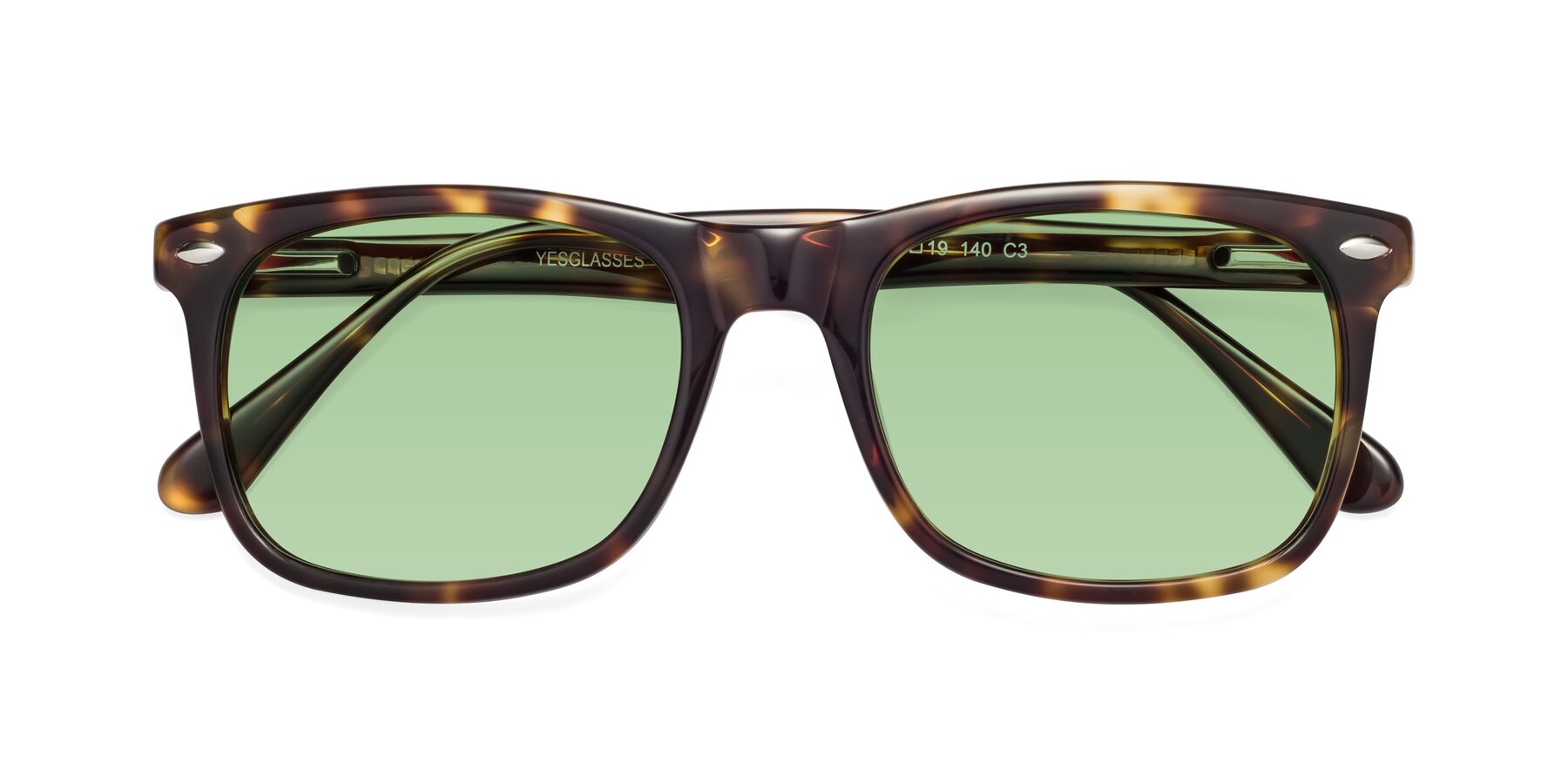 Folded Front of 007 in Yellow Tortoise with Medium Green Tinted Lenses