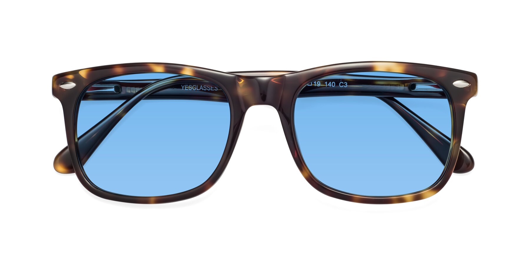 Folded Front of 007 in Yellow Tortoise with Medium Blue Tinted Lenses