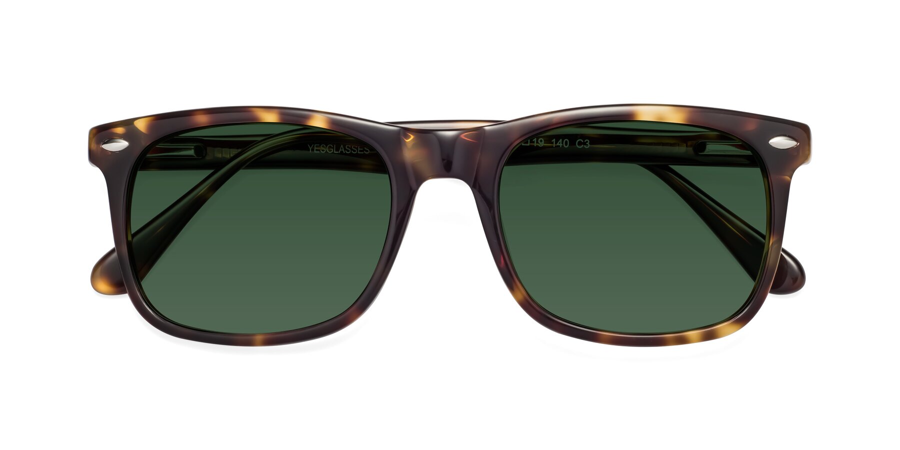 Folded Front of 007 in Yellow Tortoise with Green Tinted Lenses