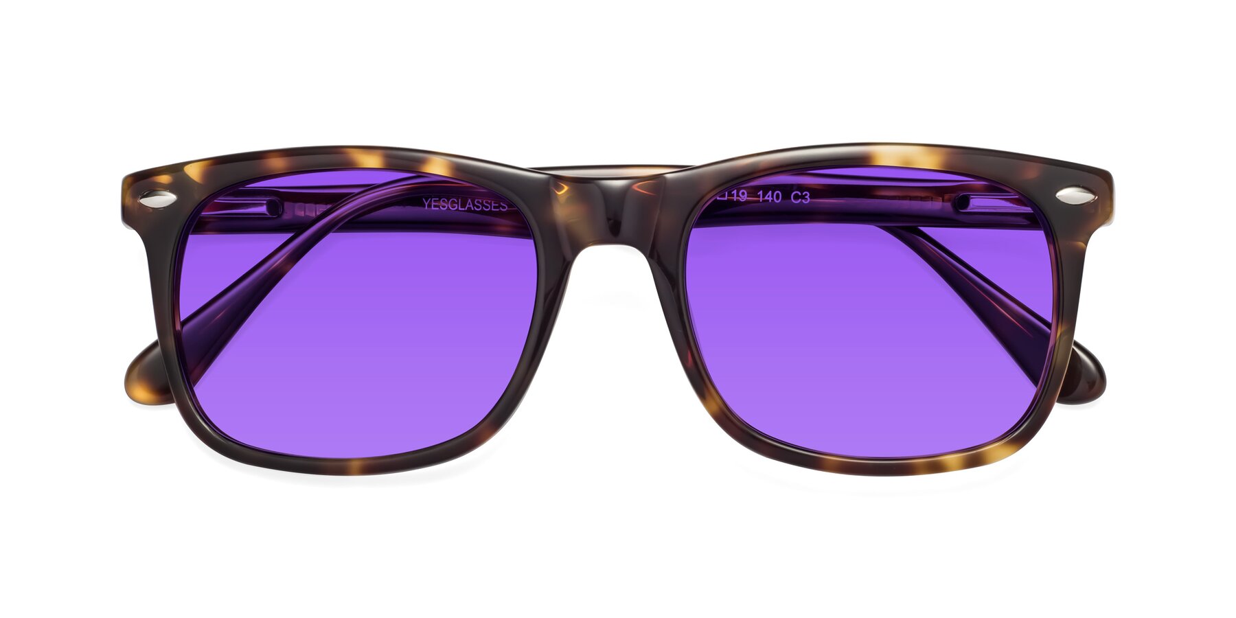 Folded Front of 007 in Yellow Tortoise with Purple Tinted Lenses