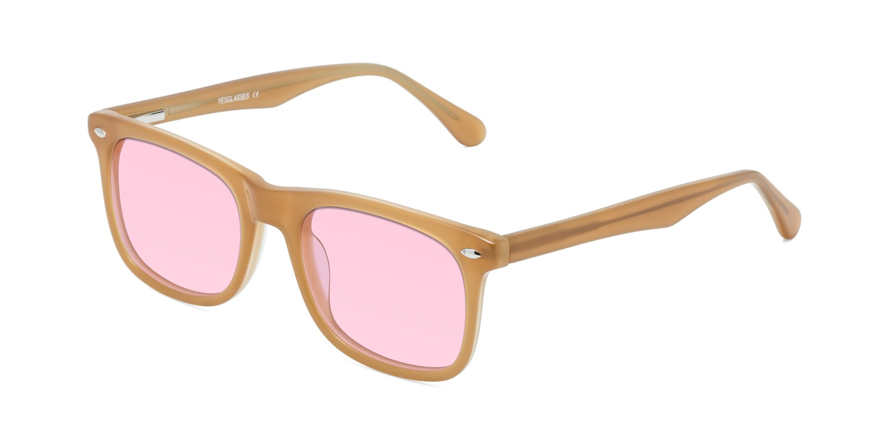 Angle of 007 in Caramel with Light Pink Tinted Lenses