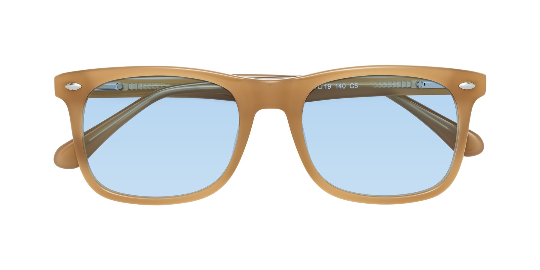 Folded Front of 007 in Caramel with Light Blue Tinted Lenses