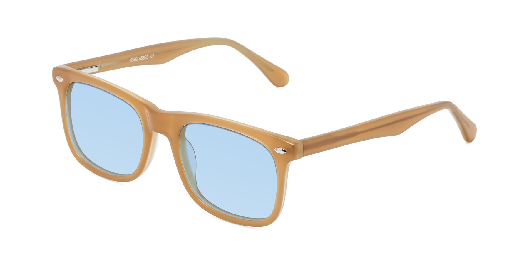 Angle of 007 in Caramel with Light Blue Tinted Lenses