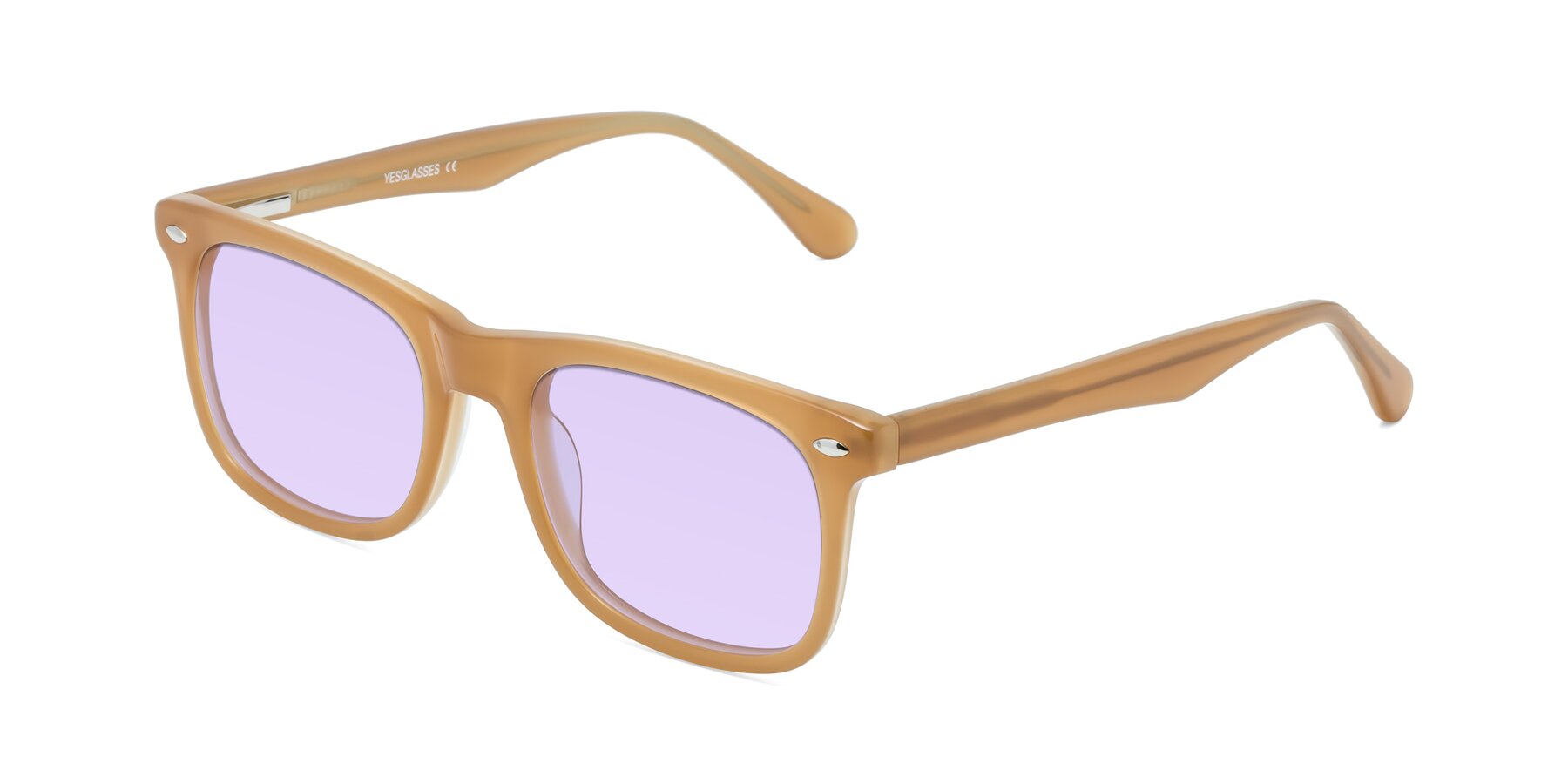 Angle of 007 in Caramel with Light Purple Tinted Lenses