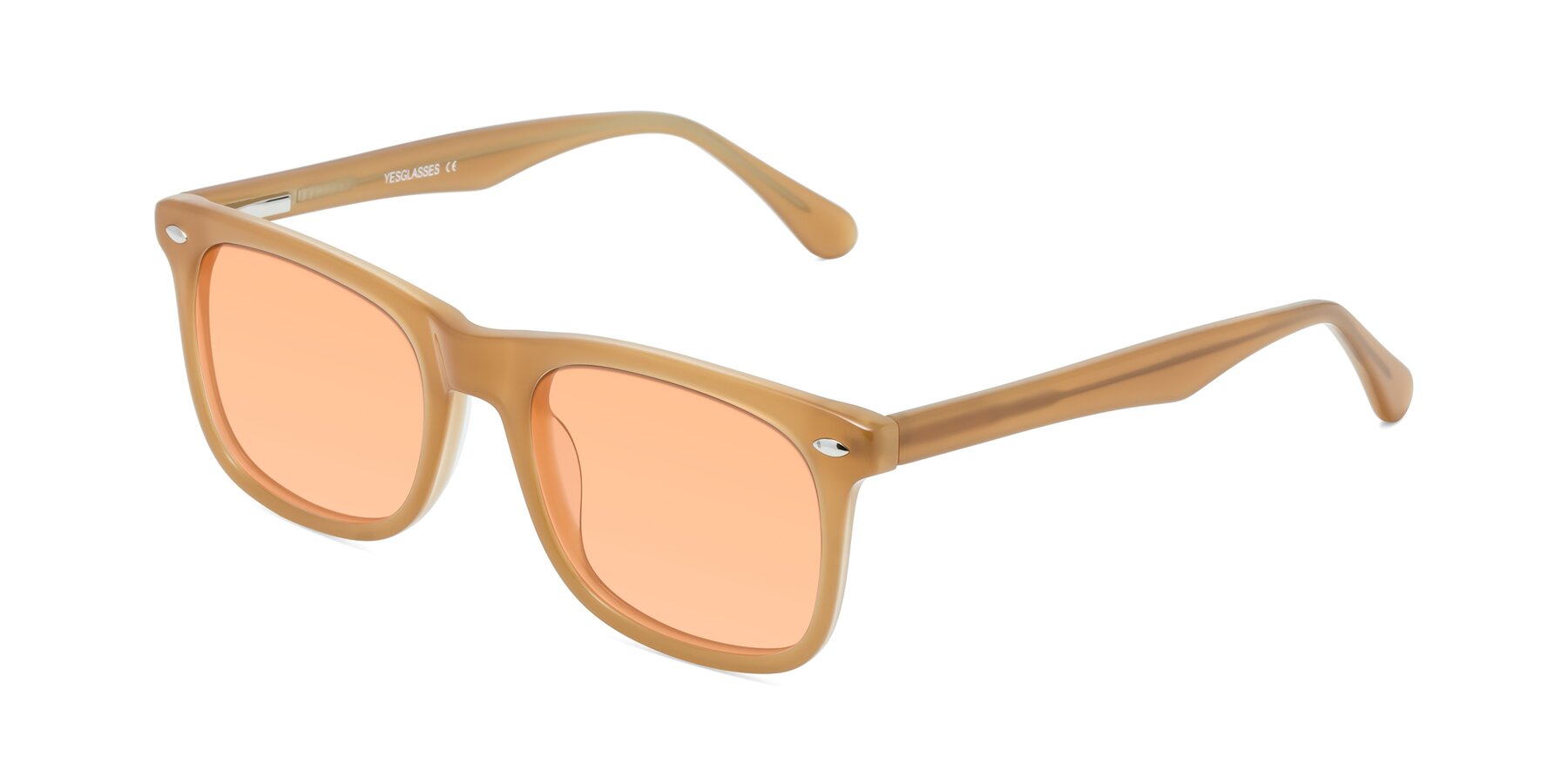 Angle of 007 in Caramel with Light Orange Tinted Lenses