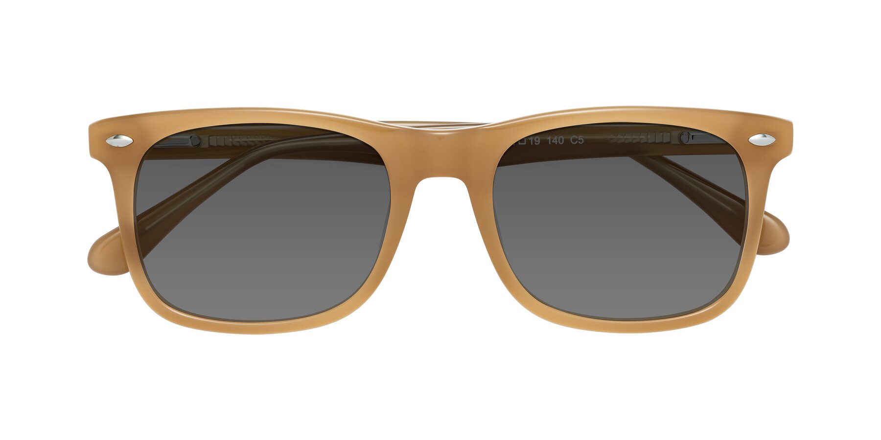 Folded Front of 007 in Caramel with Medium Gray Tinted Lenses