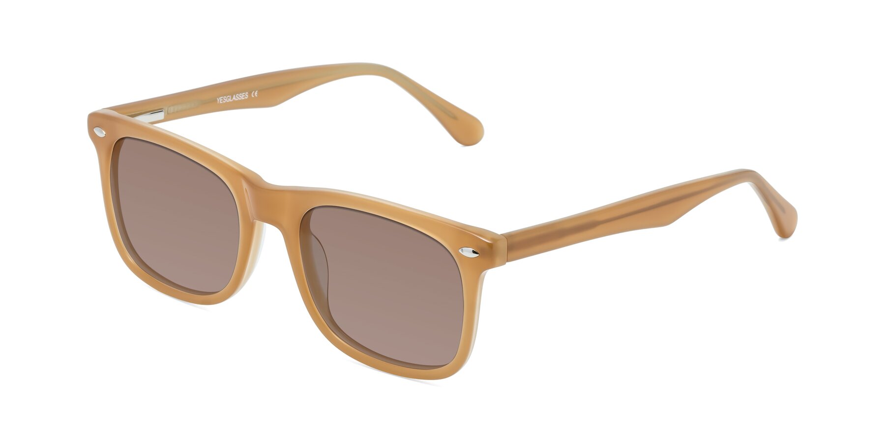 Angle of 007 in Caramel with Medium Brown Tinted Lenses