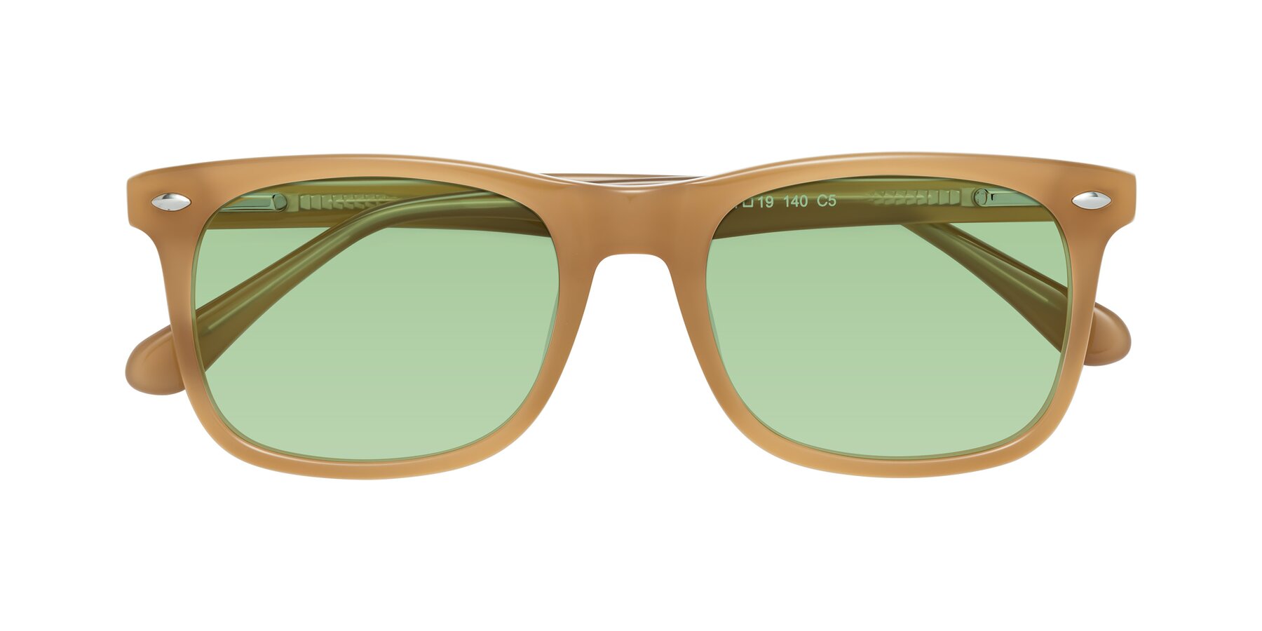 Folded Front of 007 in Caramel with Medium Green Tinted Lenses