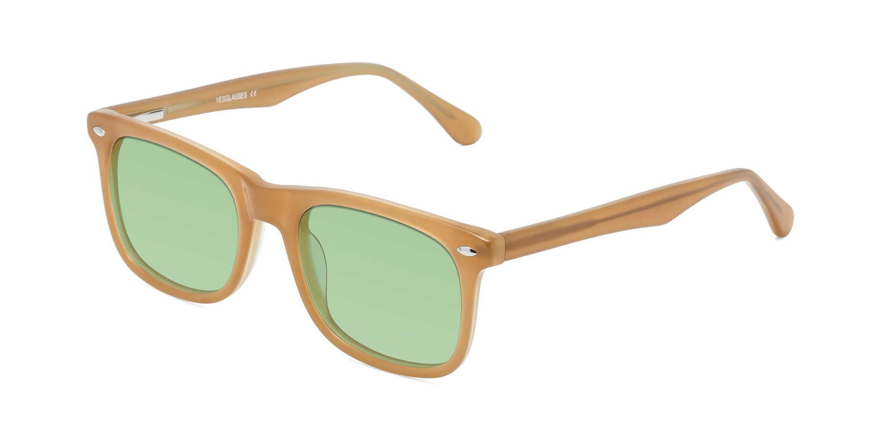 Angle of 007 in Caramel with Medium Green Tinted Lenses