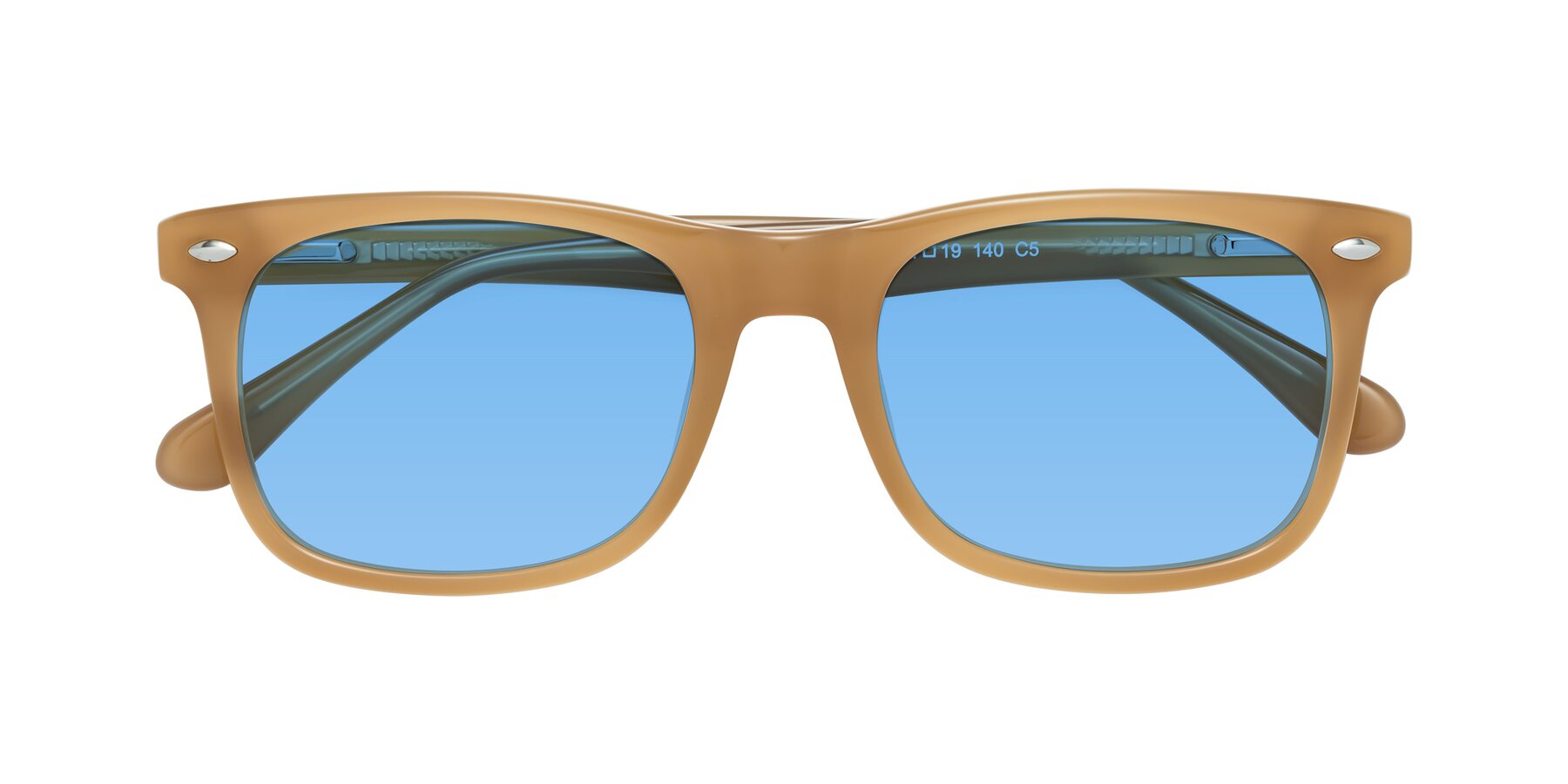 Folded Front of 007 in Caramel with Medium Blue Tinted Lenses