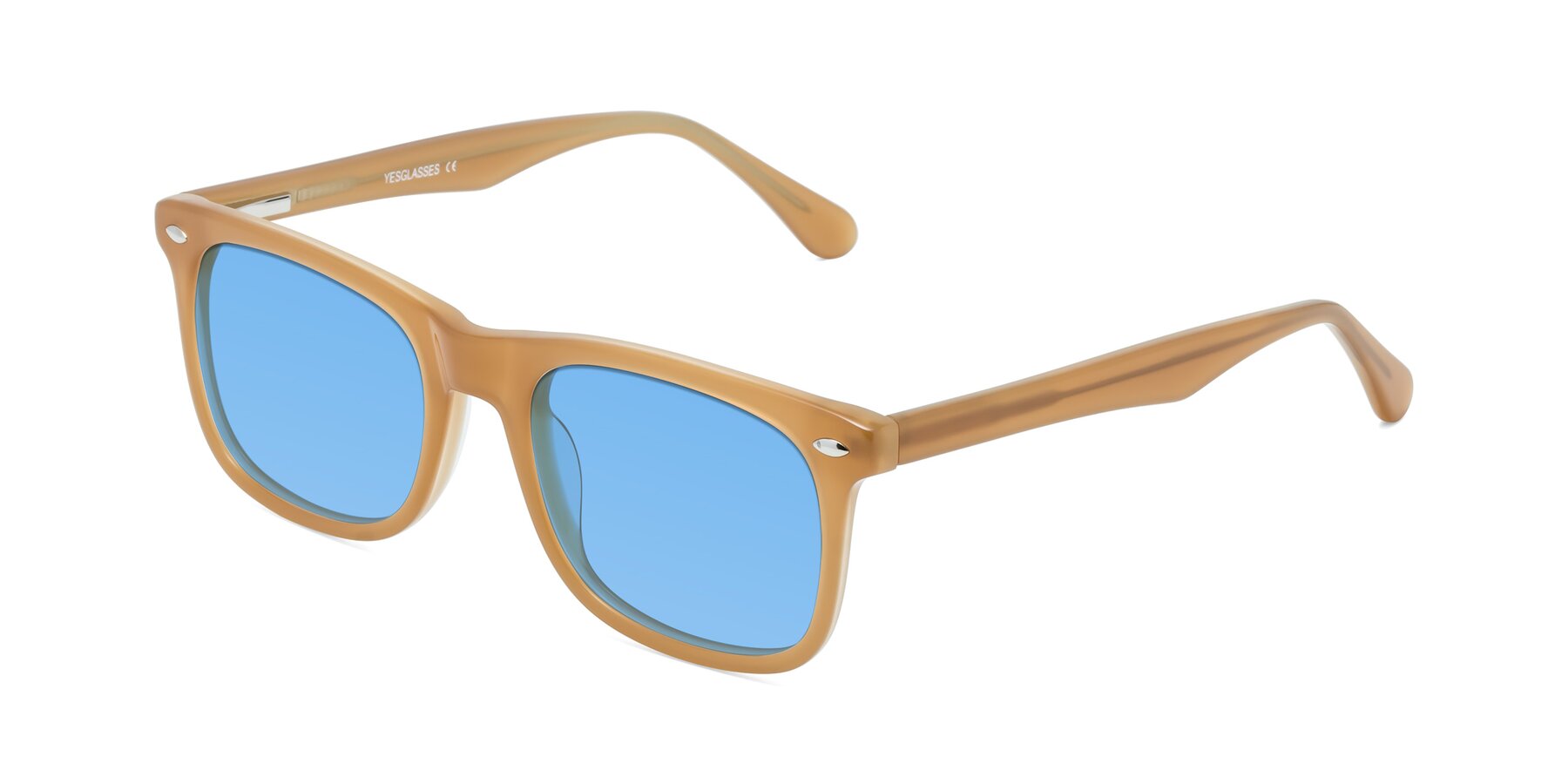 Angle of 007 in Caramel with Medium Blue Tinted Lenses