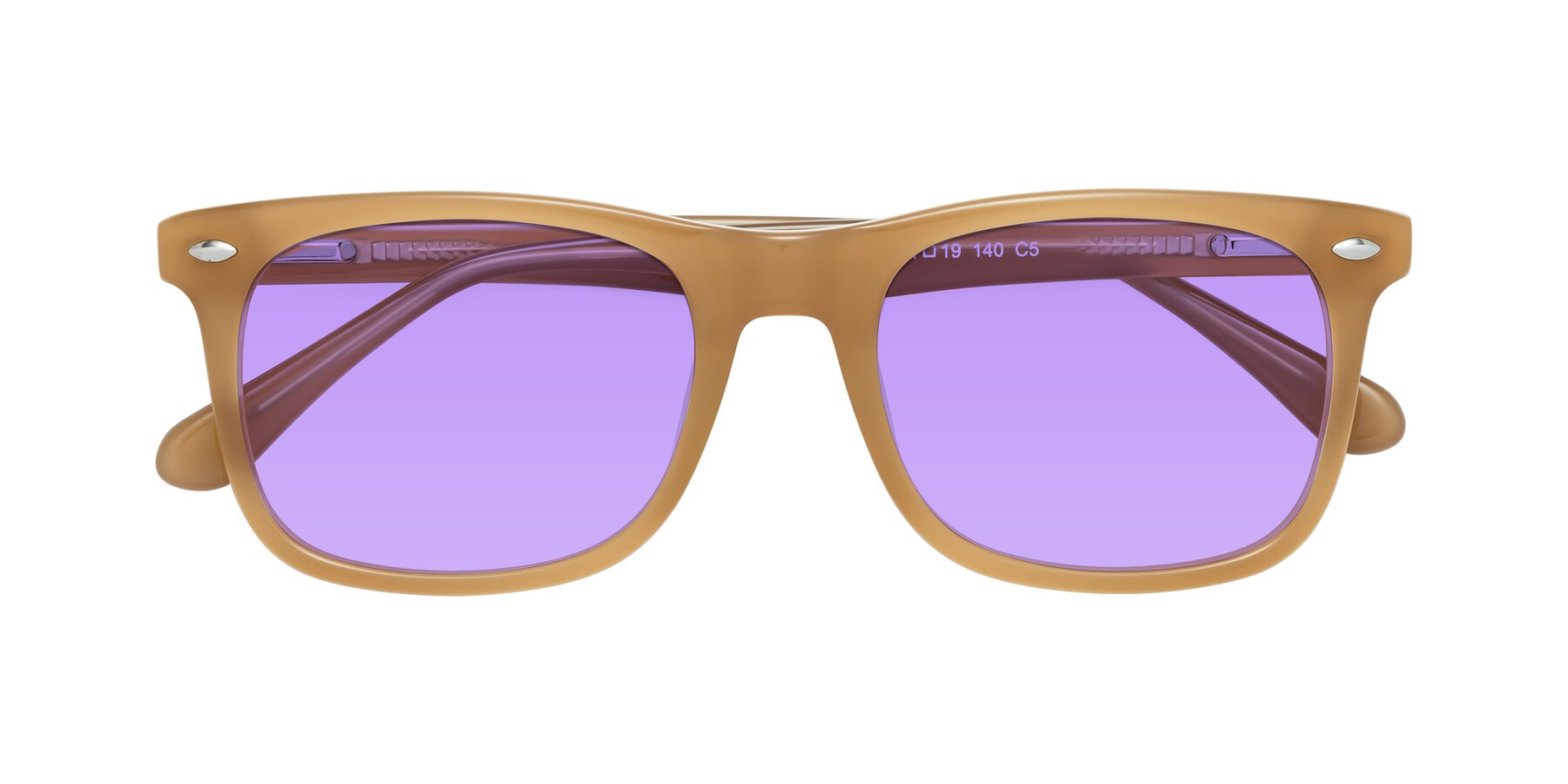 Folded Front of 007 in Caramel with Medium Purple Tinted Lenses