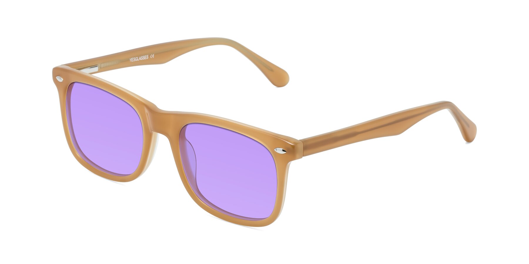 Angle of 007 in Caramel with Medium Purple Tinted Lenses