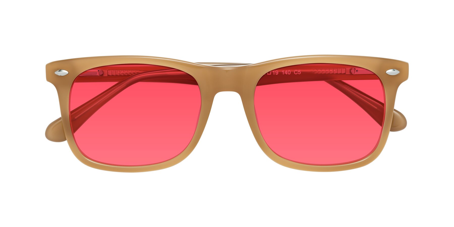 Folded Front of 007 in Caramel with Red Tinted Lenses