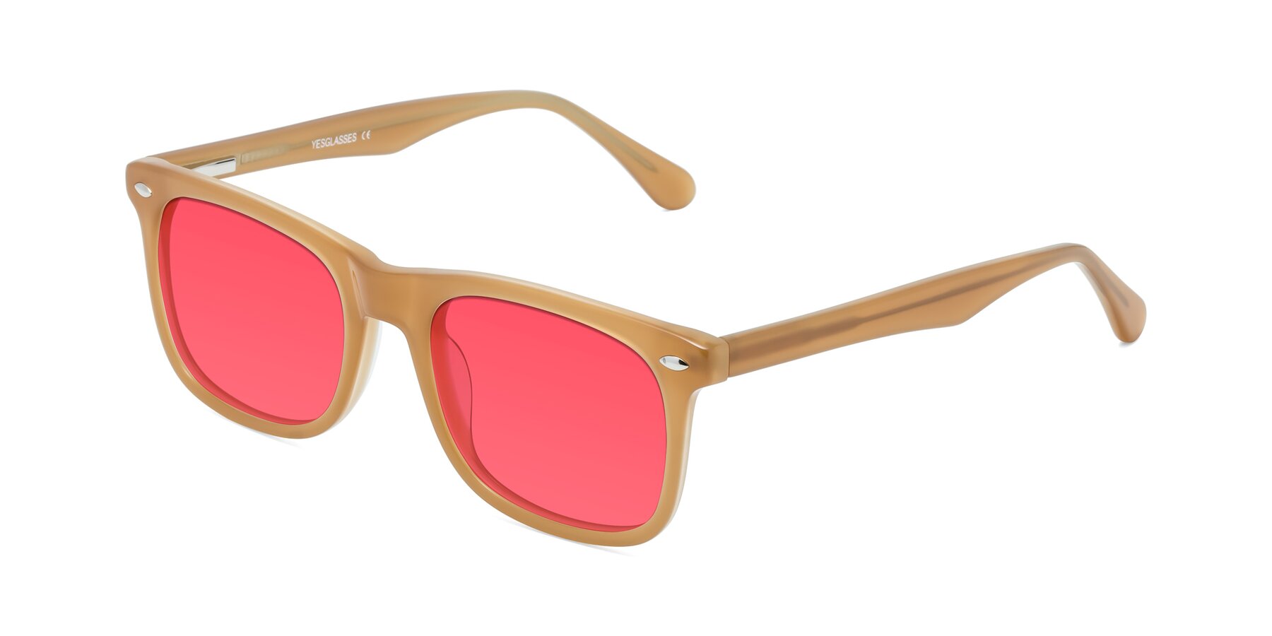 Angle of 007 in Caramel with Red Tinted Lenses