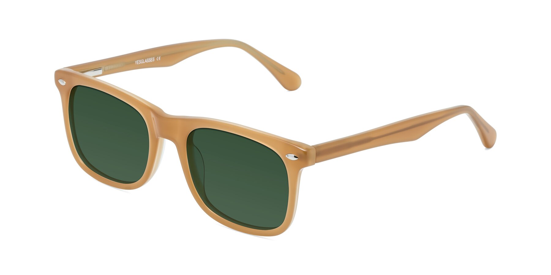 Angle of 007 in Caramel with Green Tinted Lenses