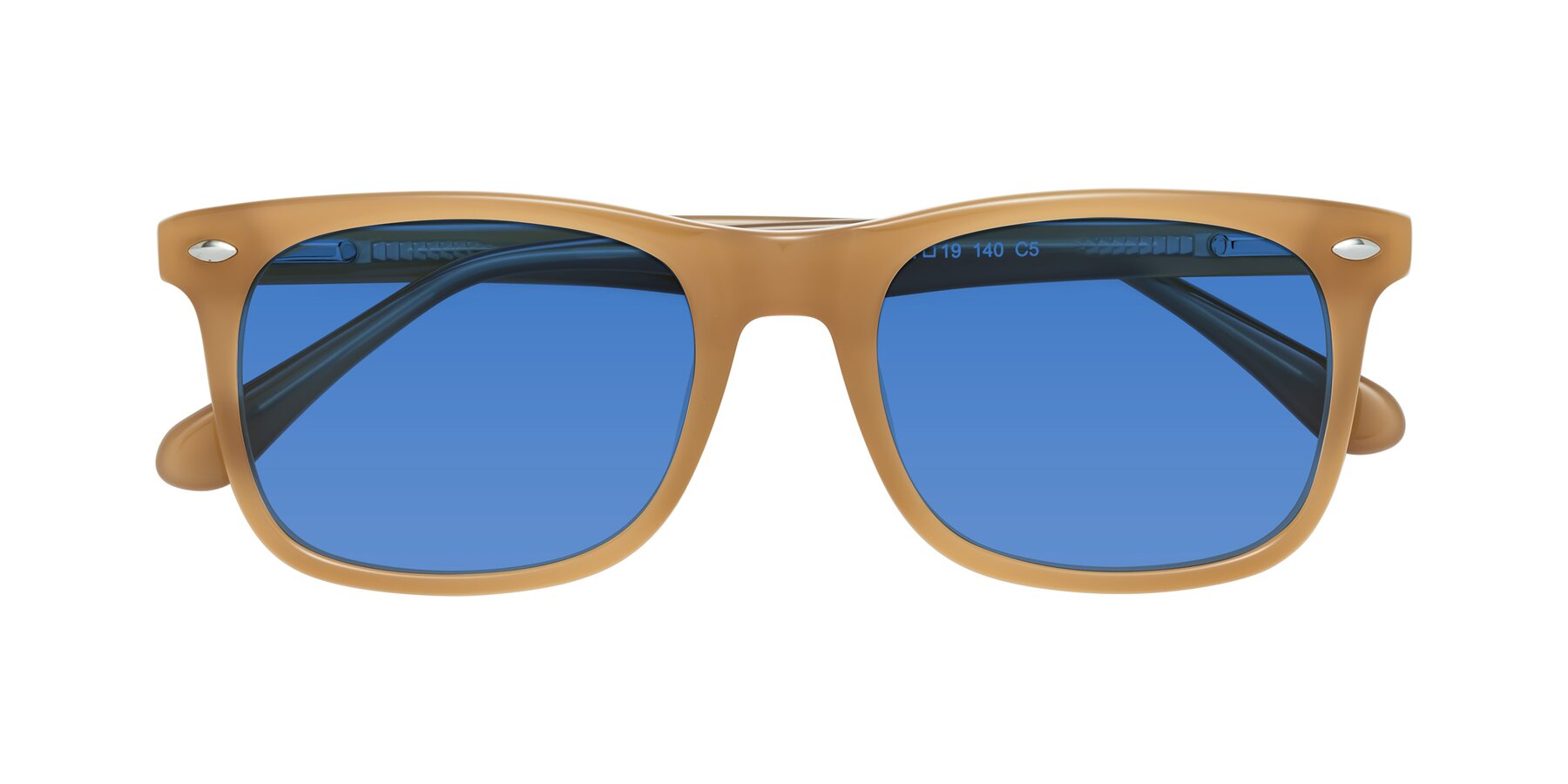 Folded Front of 007 in Caramel with Blue Tinted Lenses