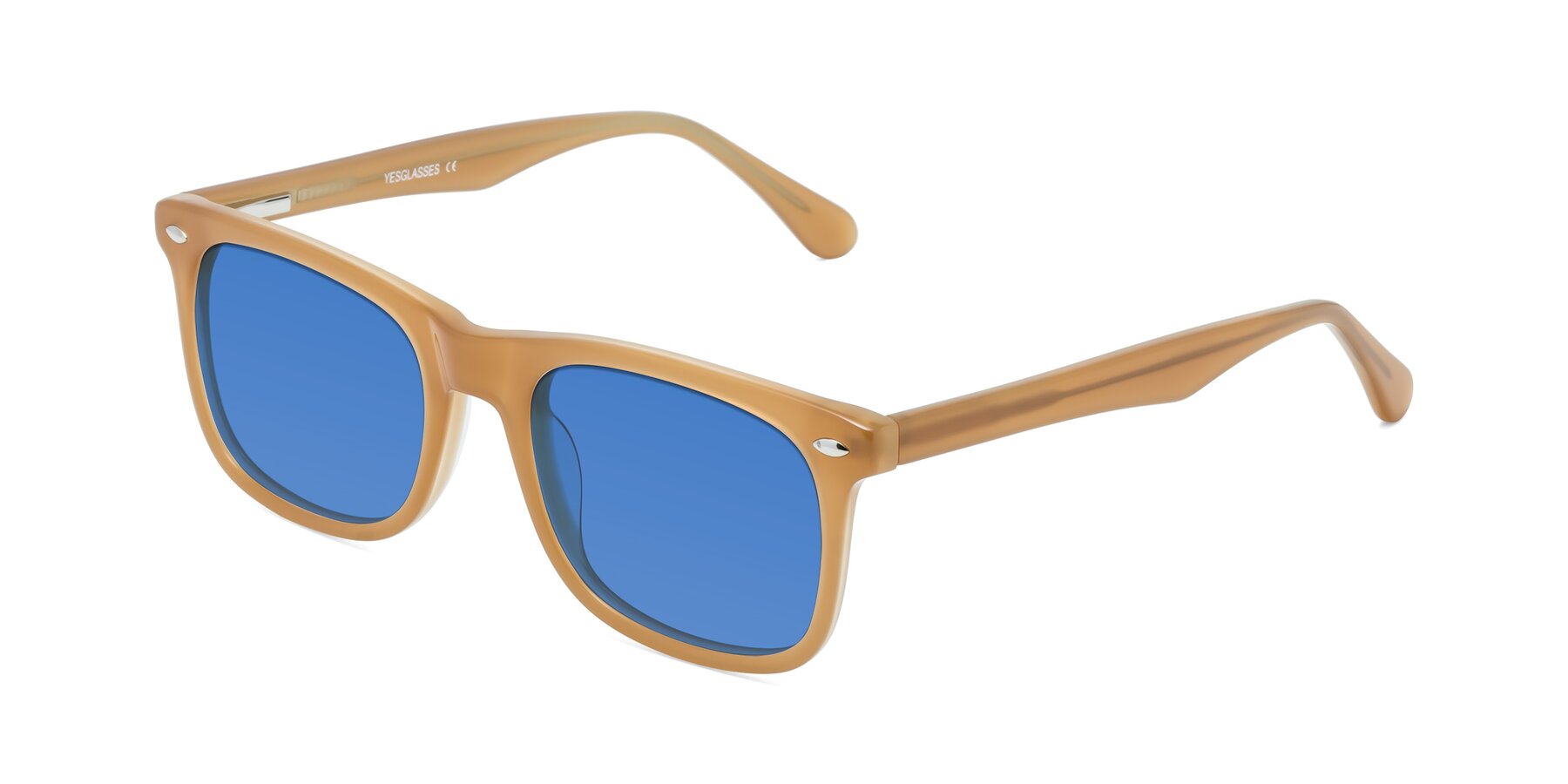 Angle of 007 in Caramel with Blue Tinted Lenses