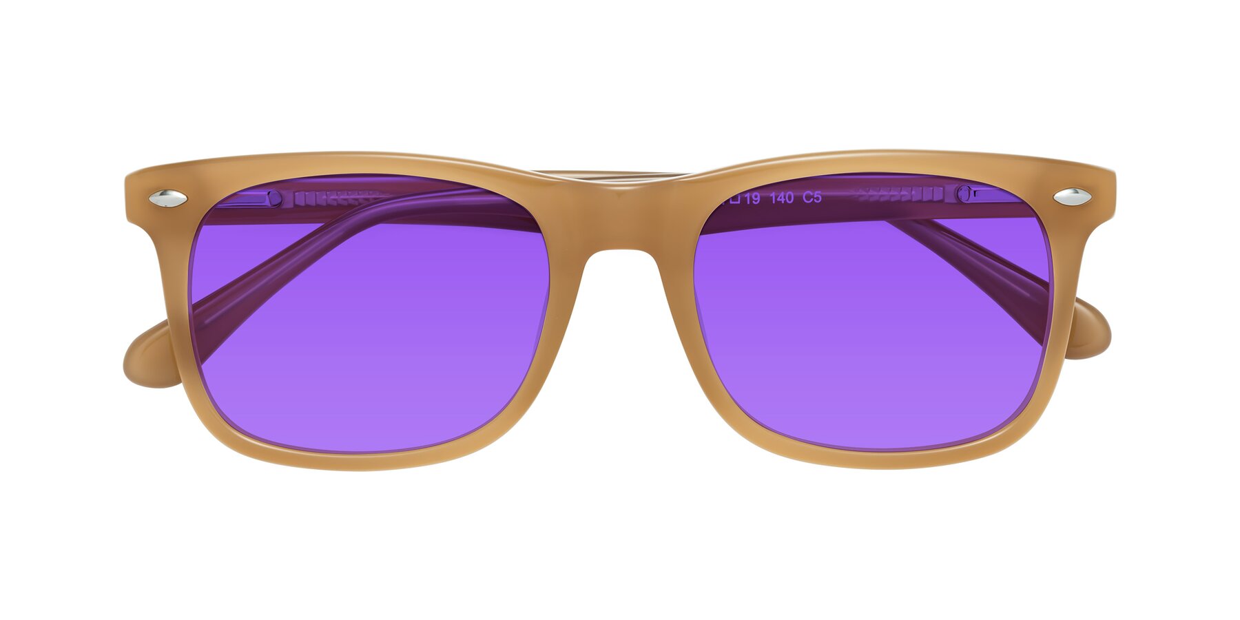 Folded Front of 007 in Caramel with Purple Tinted Lenses