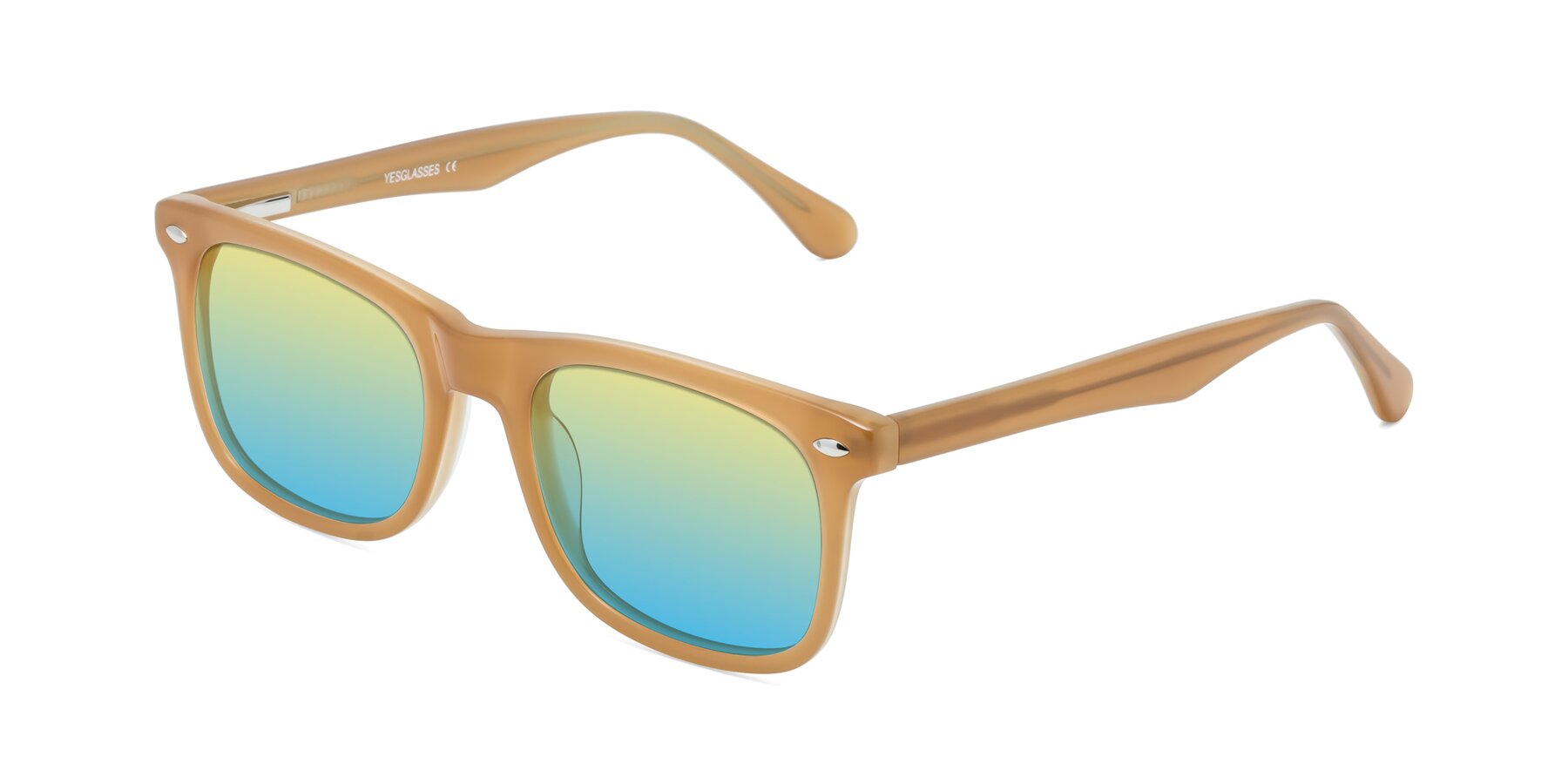 Angle of 007 in Caramel with Yellow / Blue Gradient Lenses