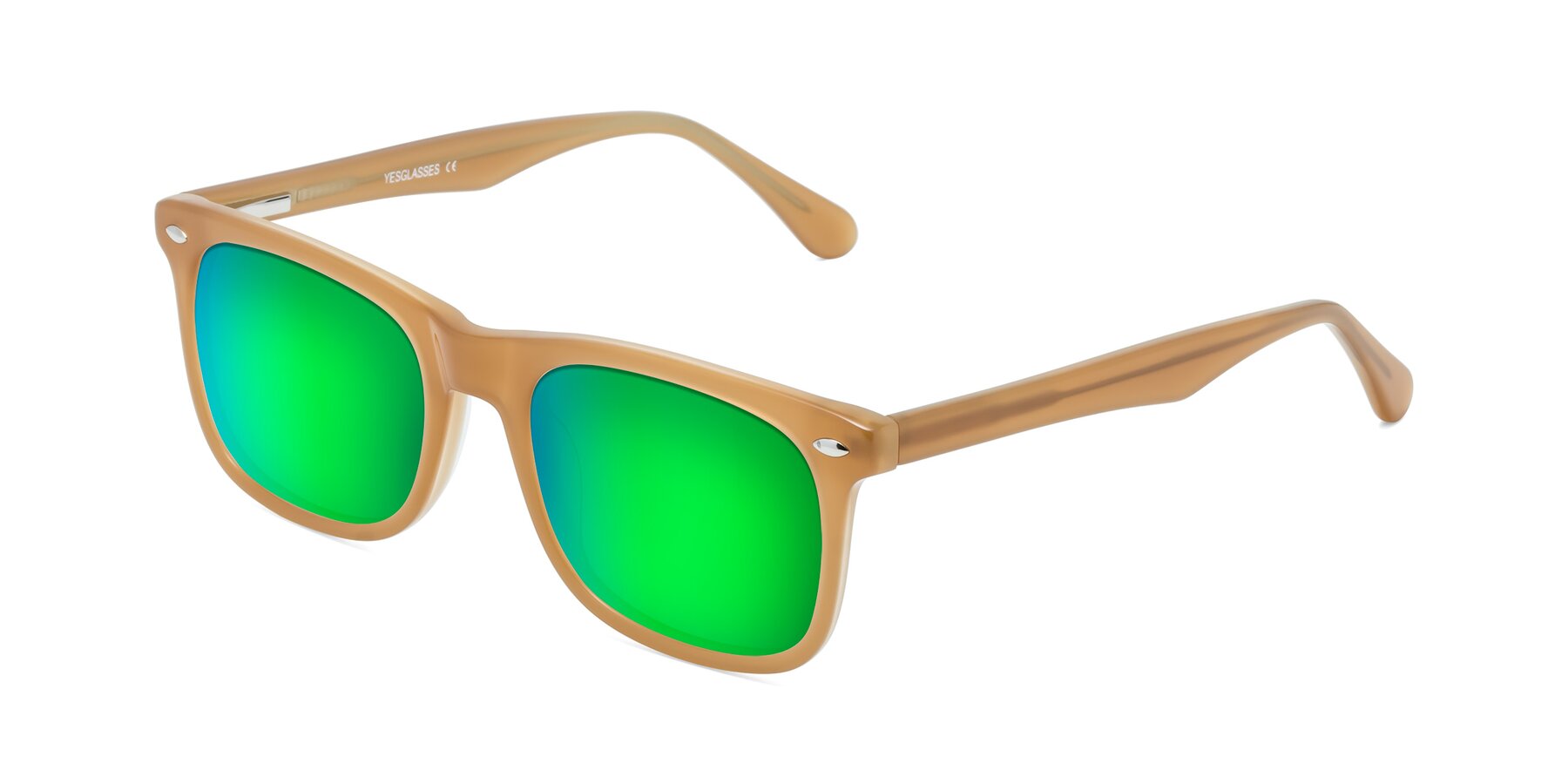 Angle of 007 in Caramel with Green Mirrored Lenses