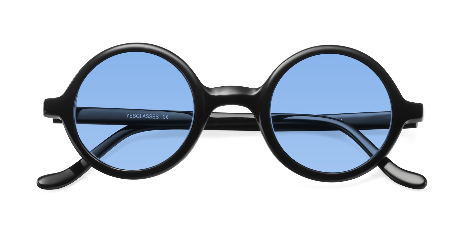 Folded Front of Chaplin in Black with Medium Blue Tinted Lenses