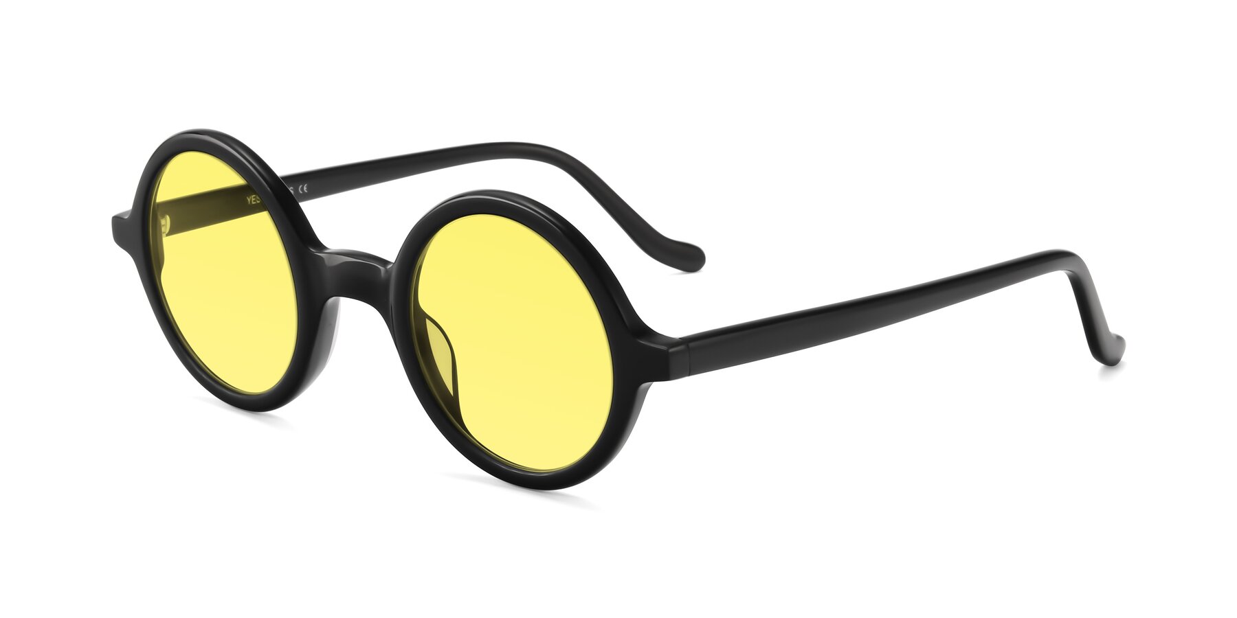 Black Narrow Retro-Vintage Round Tinted Sunglasses with Medium Yellow Sunwear Lenses