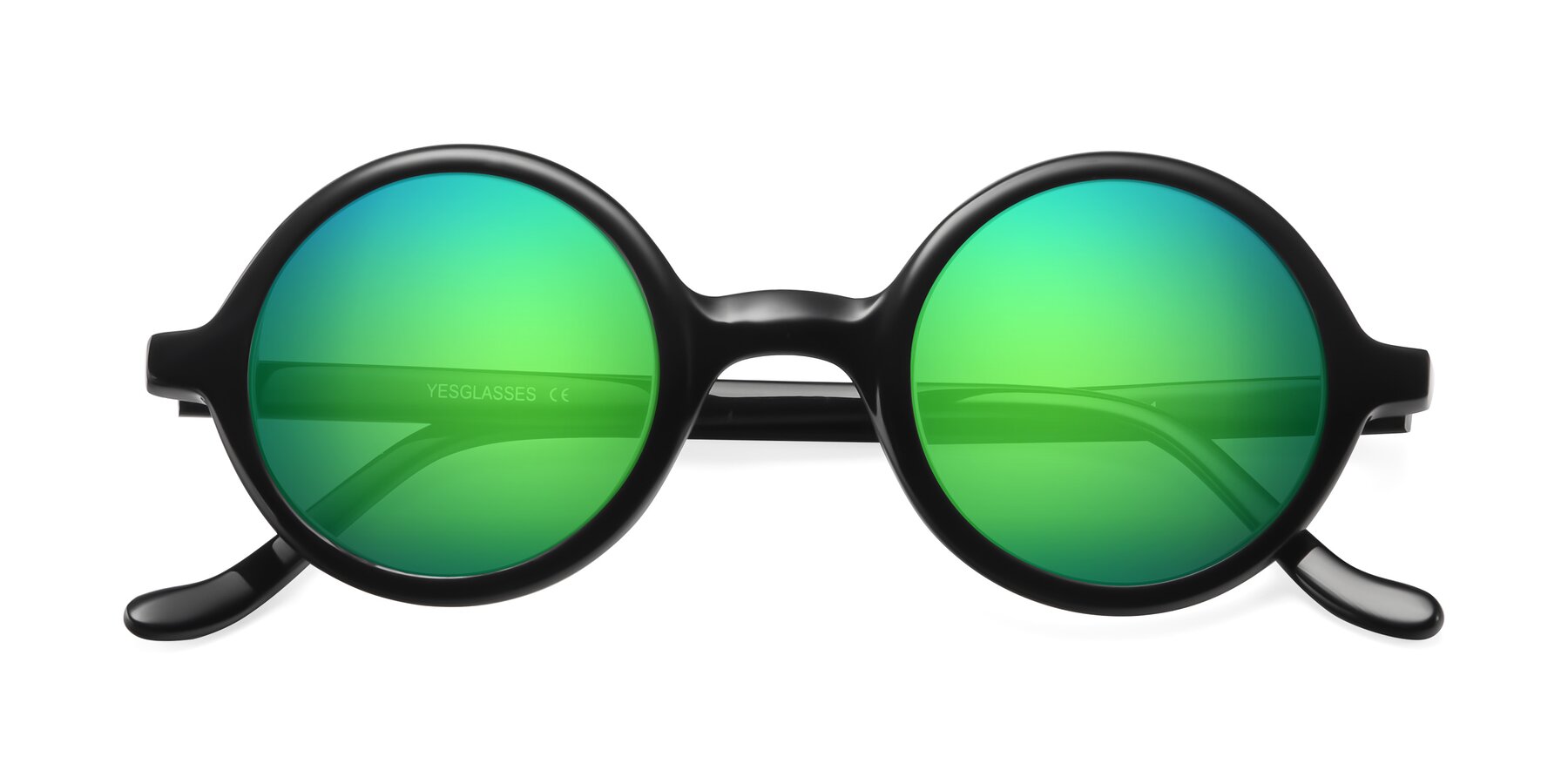Folded Front of Chaplin in Black with Green Mirrored Lenses