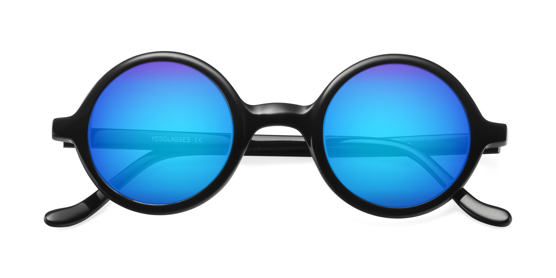 Folded Front of Chaplin in Black with Blue Mirrored Lenses