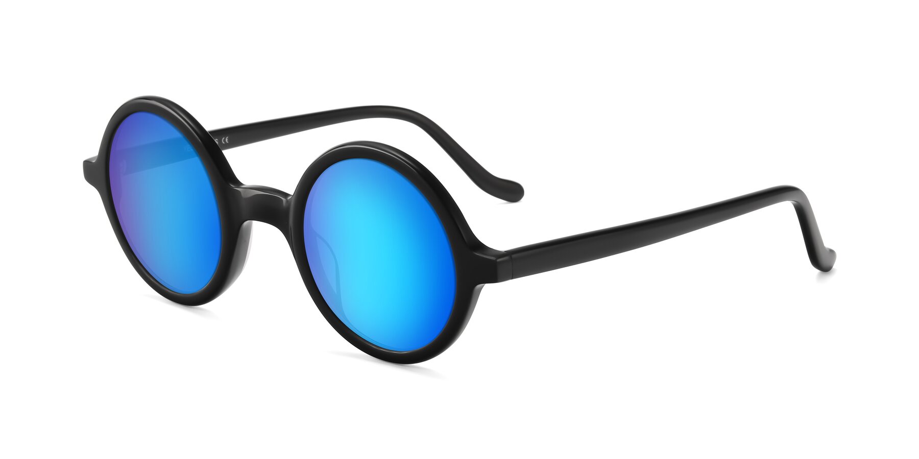Angle of Chaplin in Black with Blue Mirrored Lenses