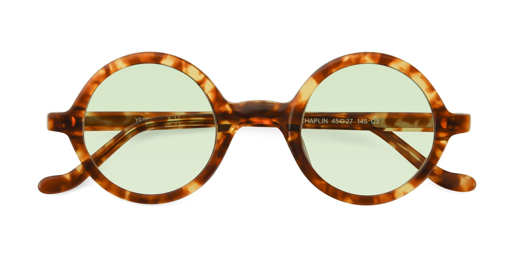 Folded Front of Chaplin in Tortoise with Light Green Tinted Lenses