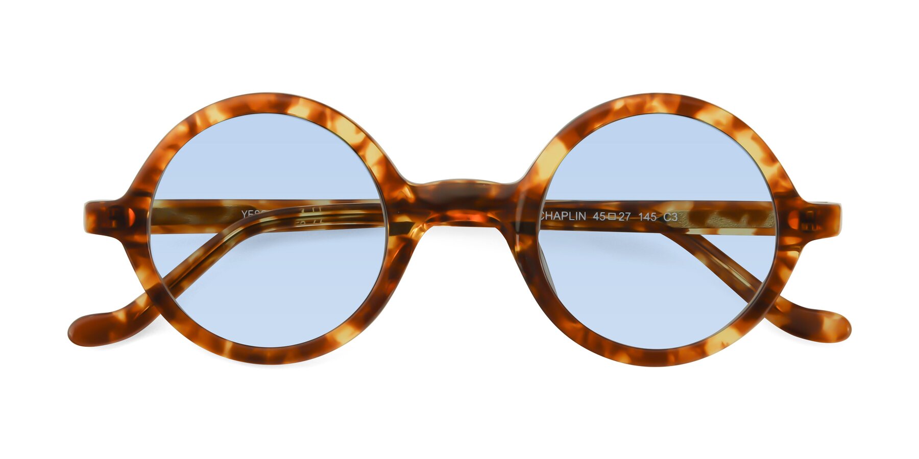 Folded Front of Chaplin in Tortoise with Light Blue Tinted Lenses