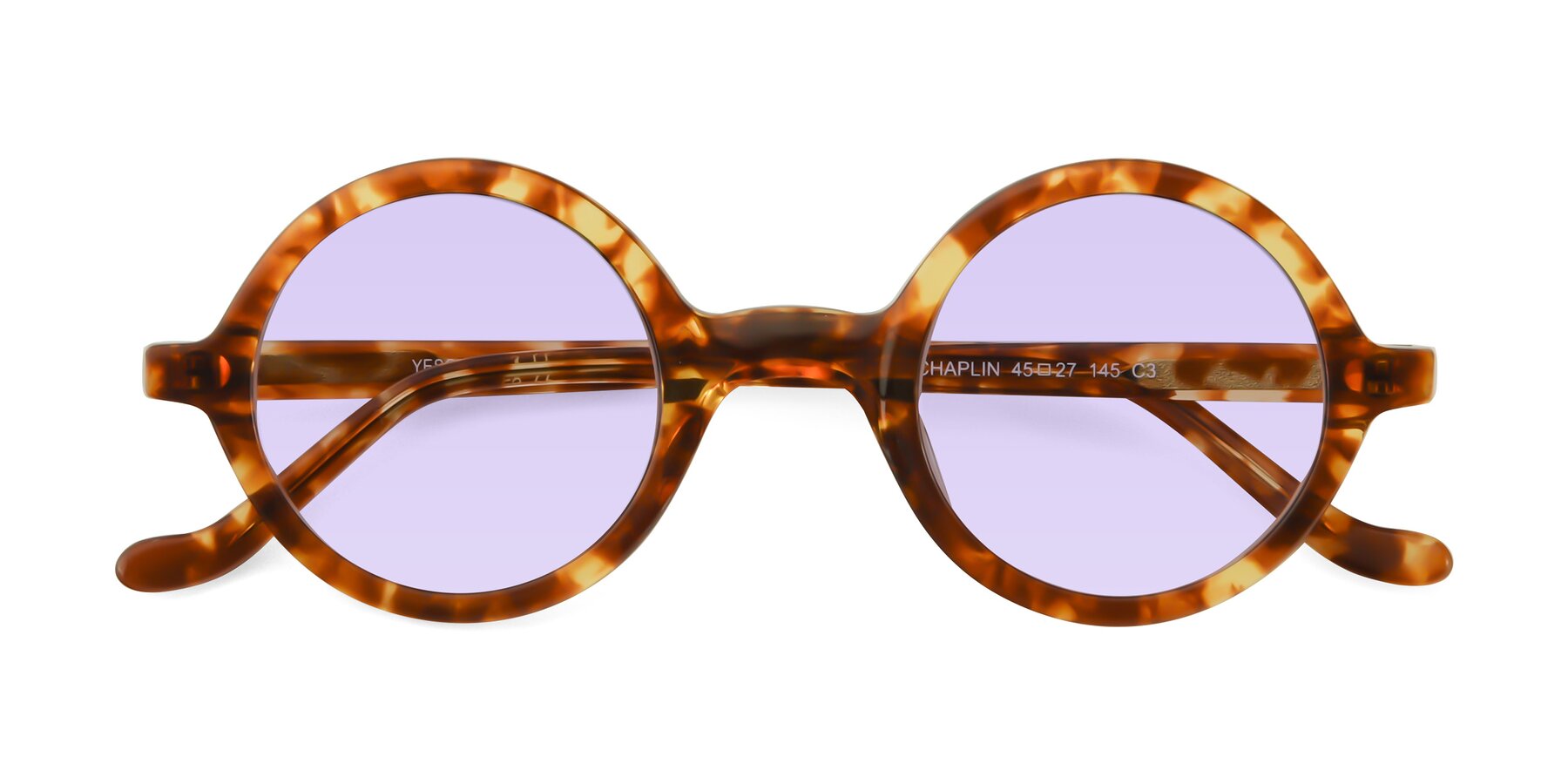 Folded Front of Chaplin in Tortoise with Light Purple Tinted Lenses