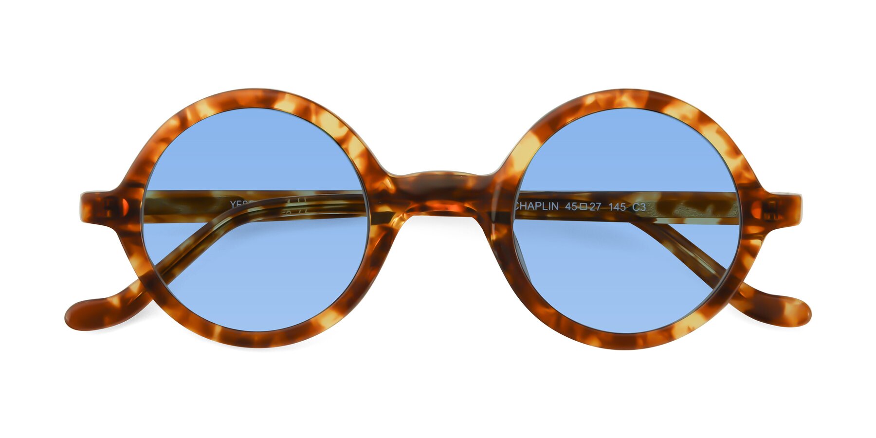 Folded Front of Chaplin in Tortoise with Medium Blue Tinted Lenses