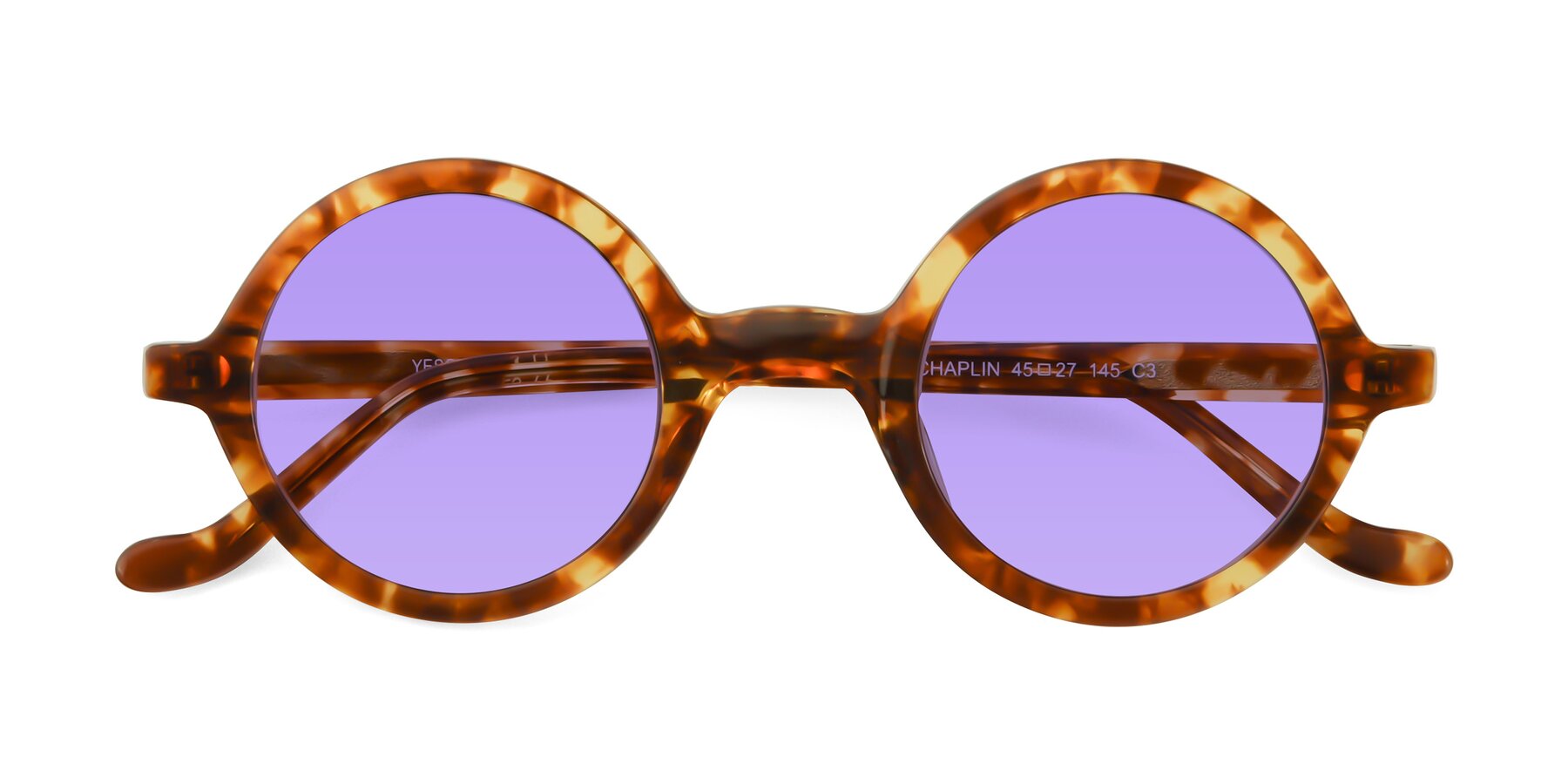 Folded Front of Chaplin in Tortoise with Medium Purple Tinted Lenses